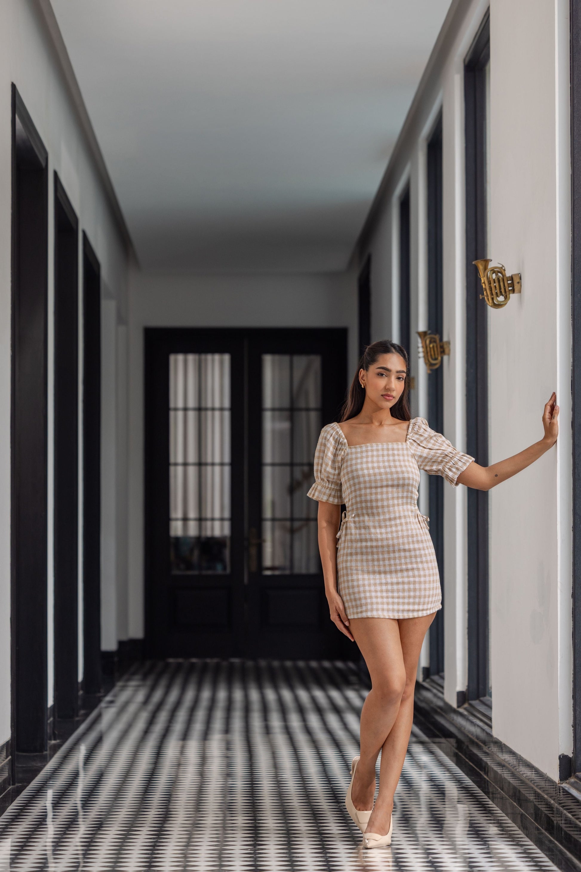 Women jute mini shirt dress front angle with elastic waistband and natural texture