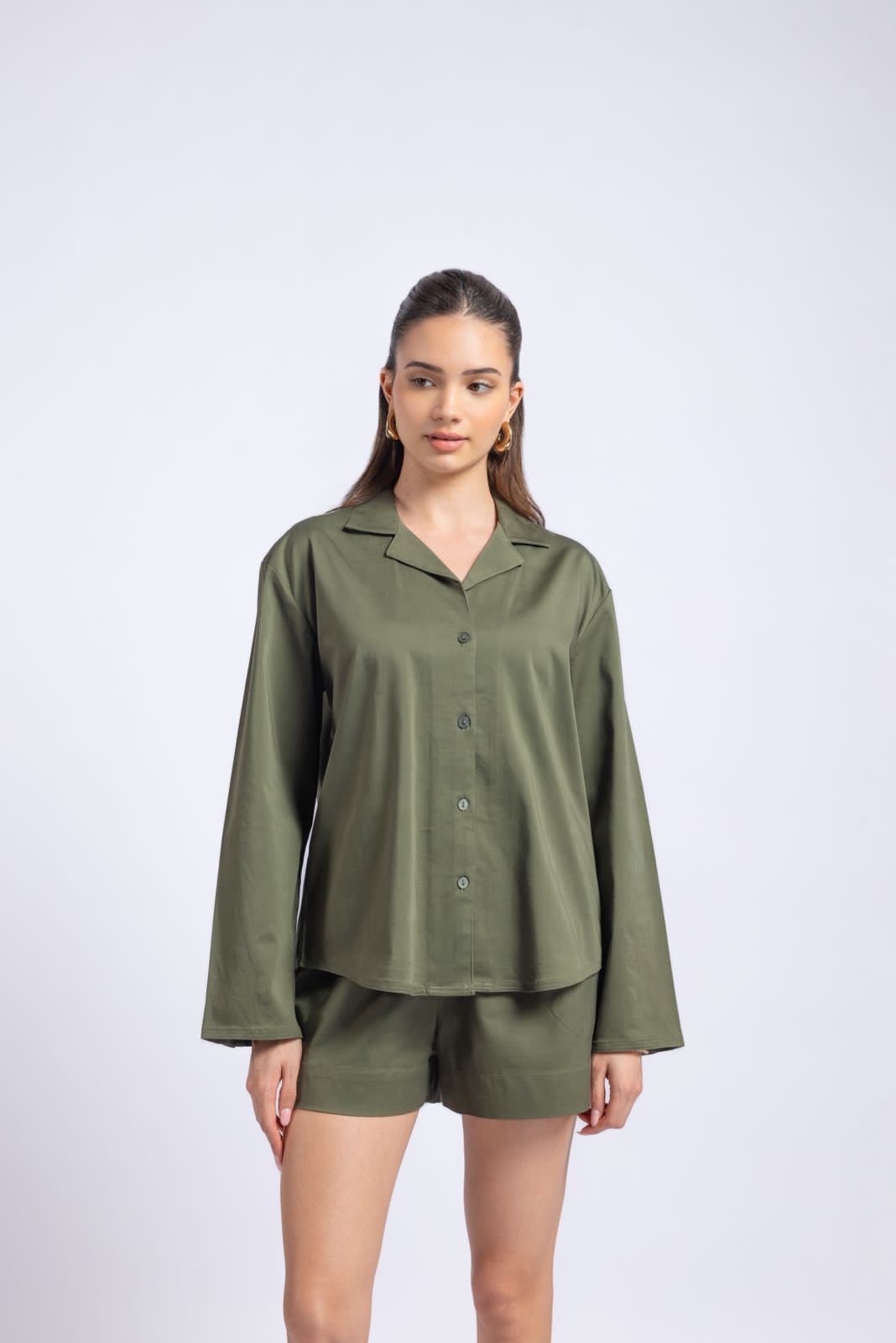 Women lycra shirt and shorts co-ord set front angle oversized fit outfit