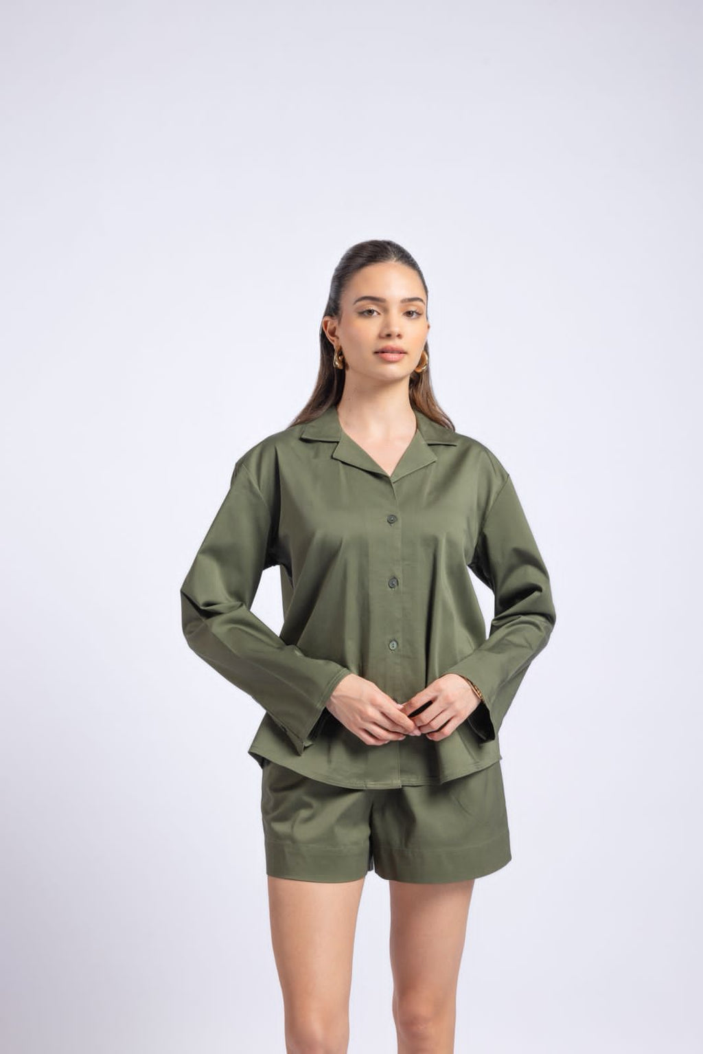 Lycra co-ord set for women front view shirt top and shorts outfit