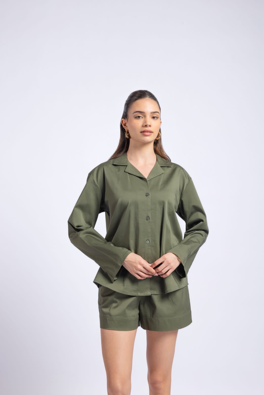 Lycra co-ord set for women front view shirt top and shorts outfit