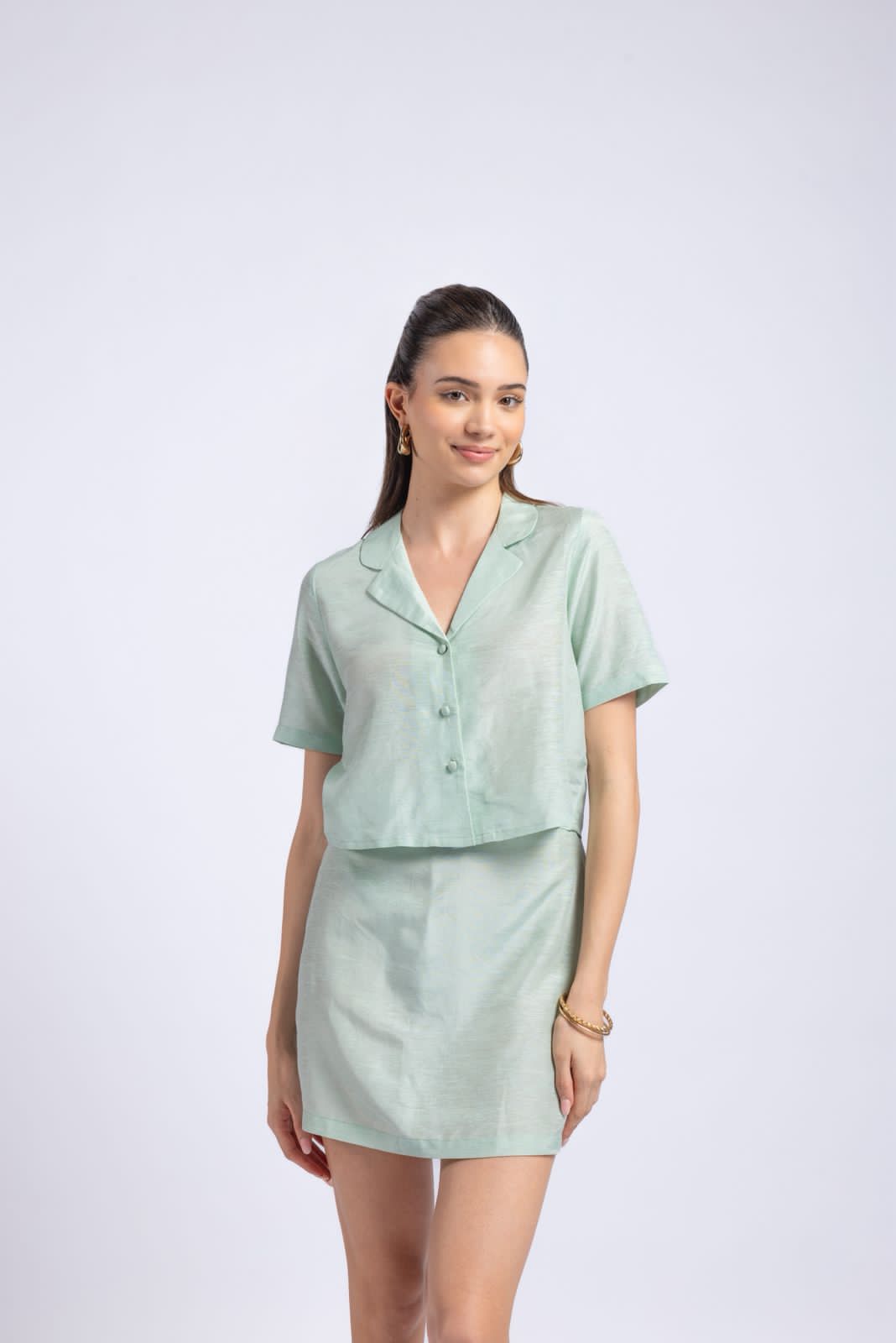 Mint green skirt co-ord set for women front view cropped shirt and mini skirt