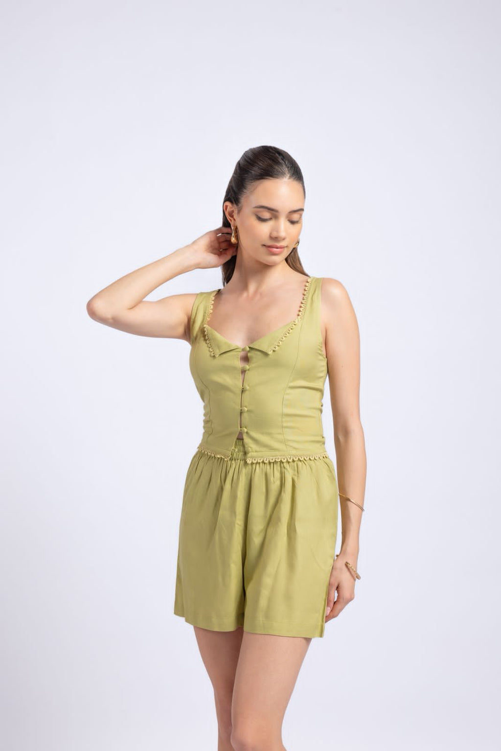 Mustard rayon lace button front co-ord set women front view fitted top and shorts