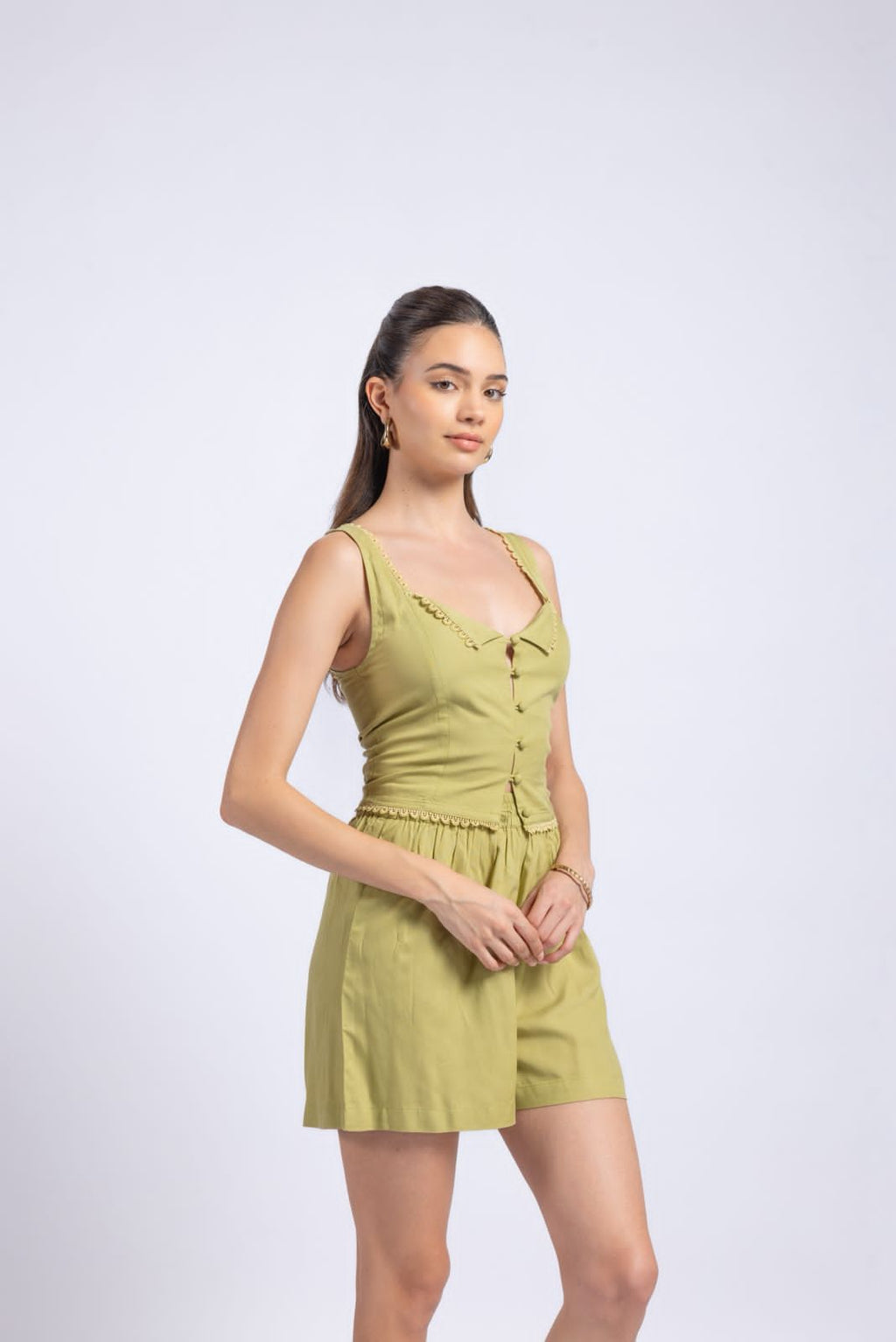 Women mustard lace detail co-ord set front angle sleeveless fitted top and shorts