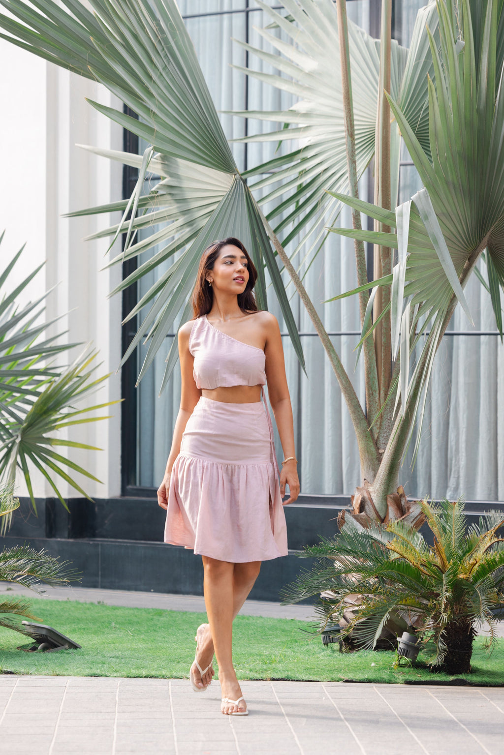One shoulder crop top with skirt co-ord set for women front view outfit