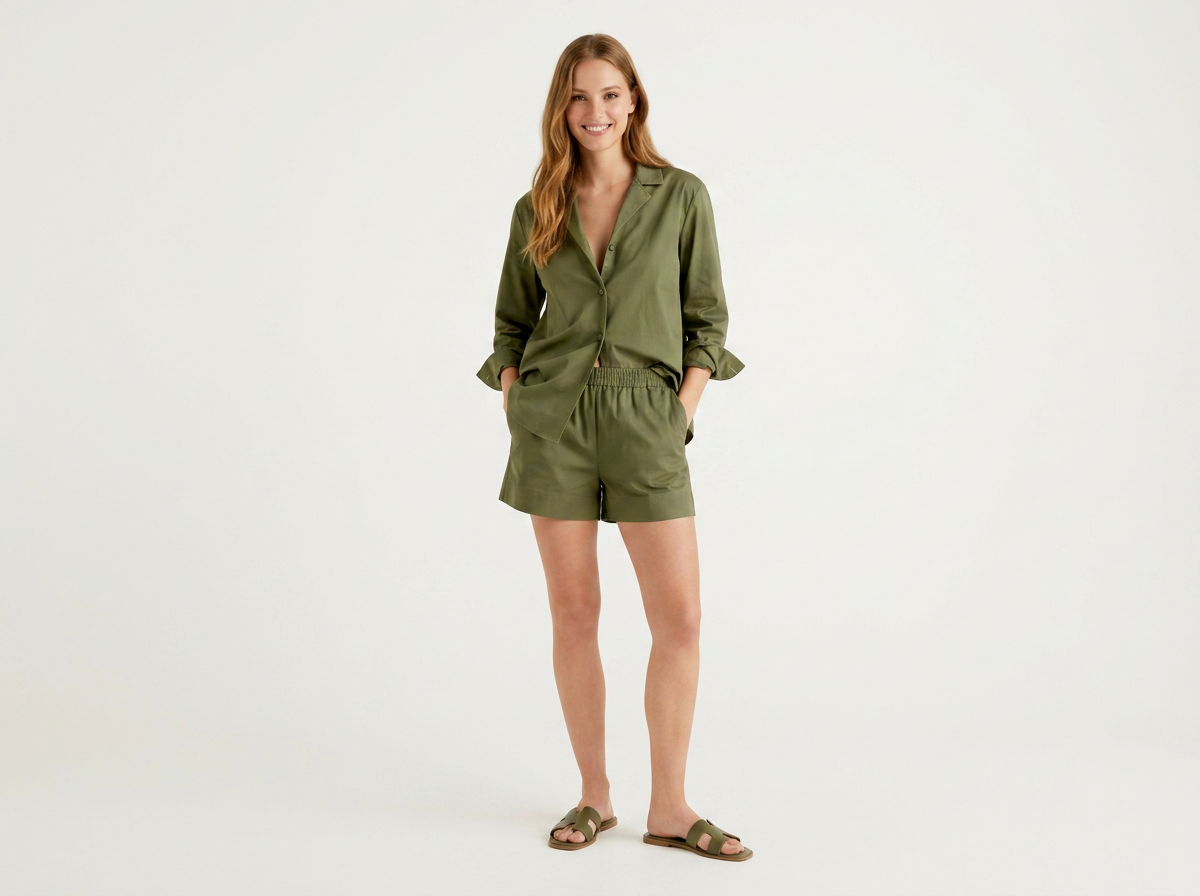 Cotton Green Co-Ord Set for Women | Full Sleeve Shirt Top & Shorts 2-Piece Outfit
