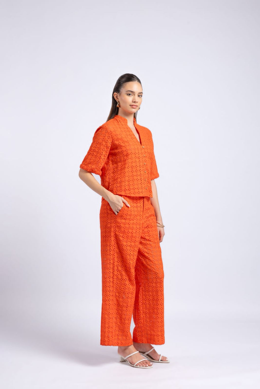 Orange cotton schiffli co-ord set for women front view collared top and pants
