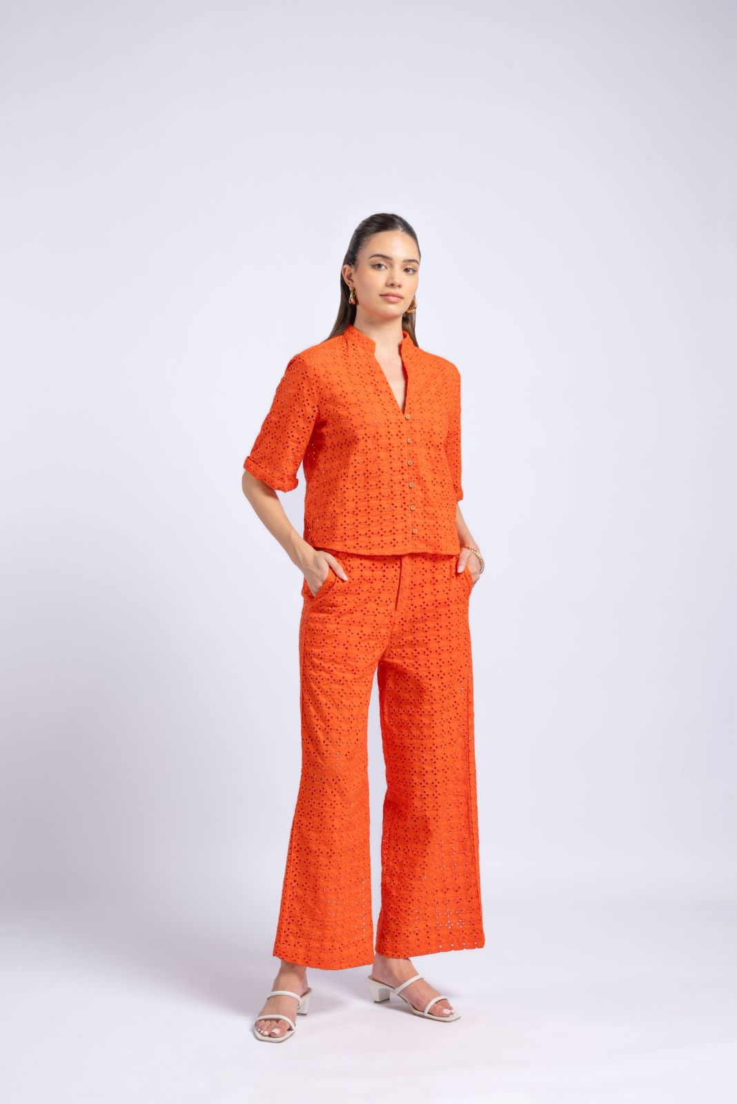 Women orange embroidered co-ord set front angle cotton schiffli top and pants