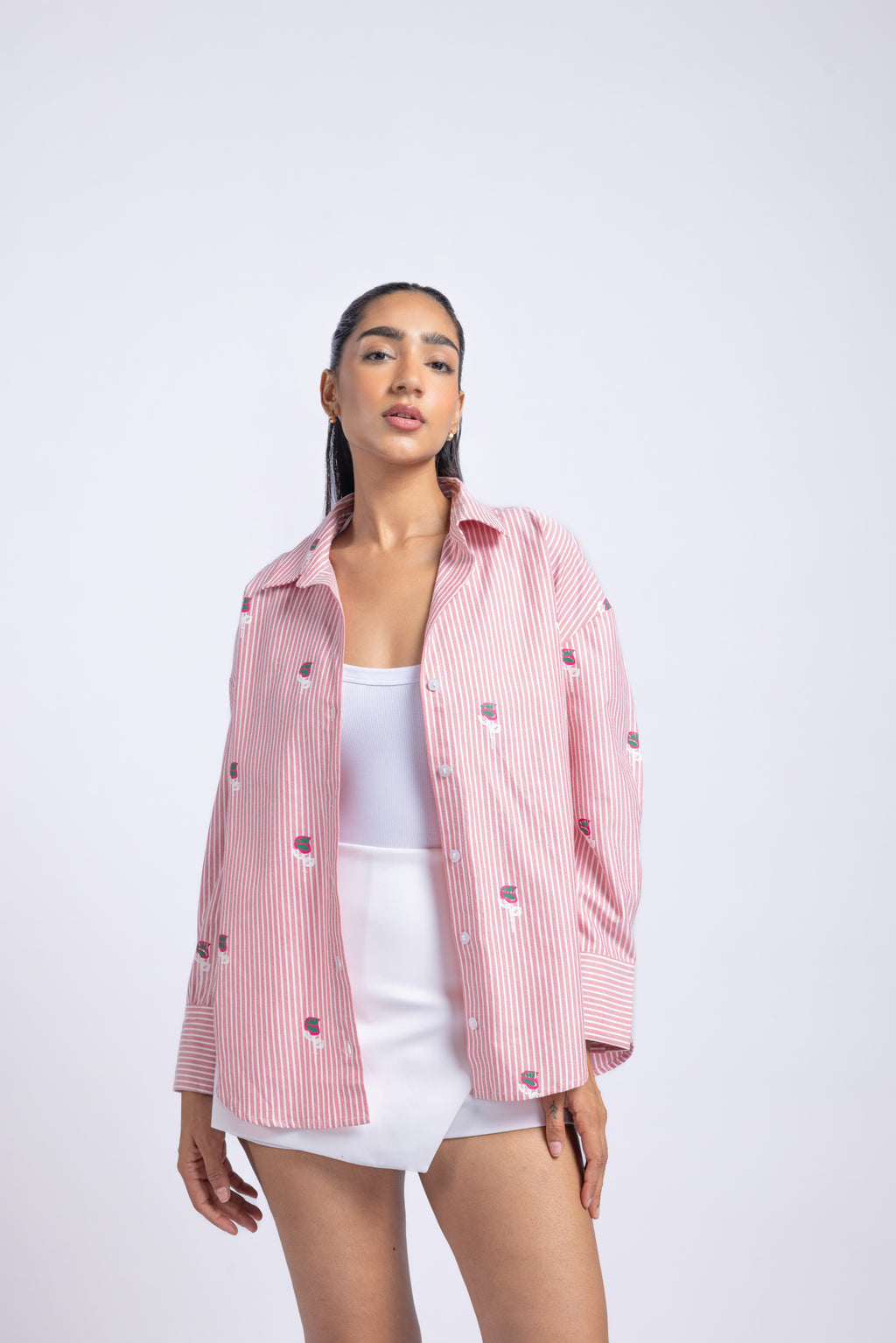 Women pink striped floral embroidered cotton shirt casual stylish outfit