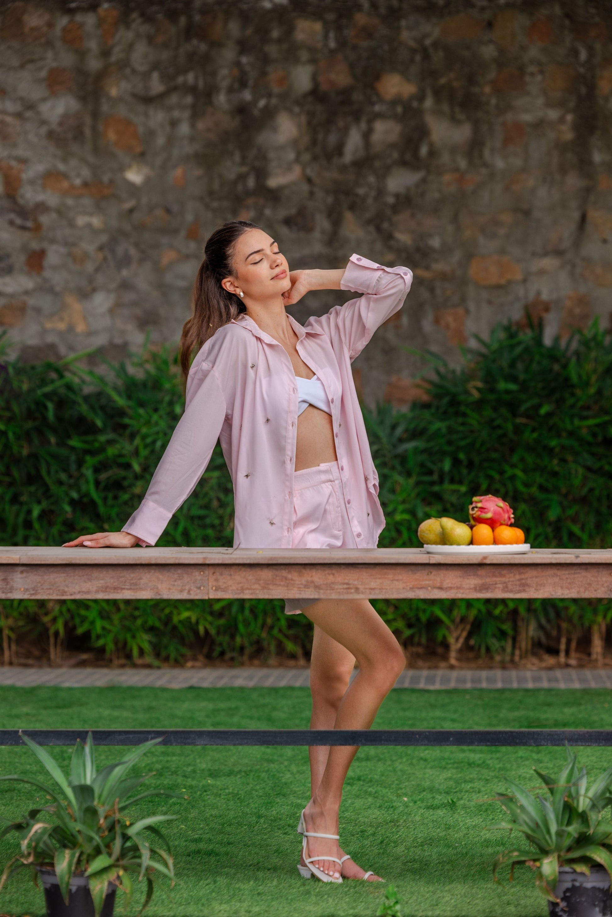 Women polyester shirt and shorts co-ord set side angle full sleeve outfit