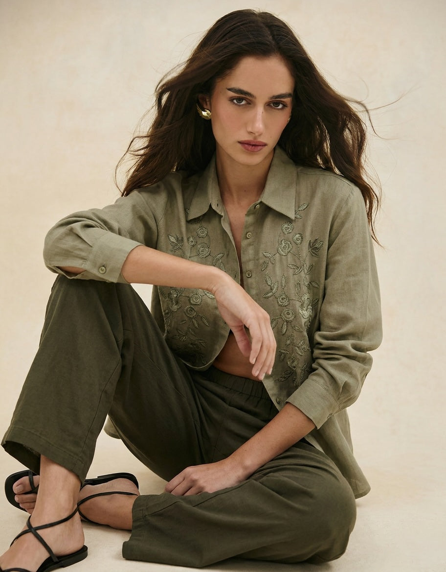 Olive Green Embroidery Shirt
