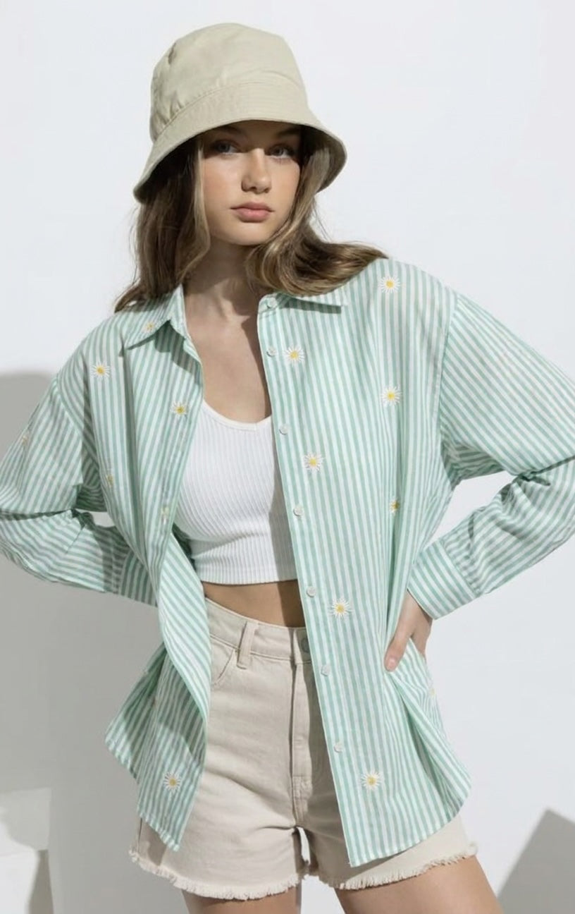 Green Stripes Cotton Shirt with Embroidery
