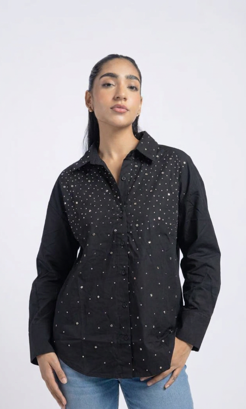 Black Swarovski Detail Cotton Shirt
