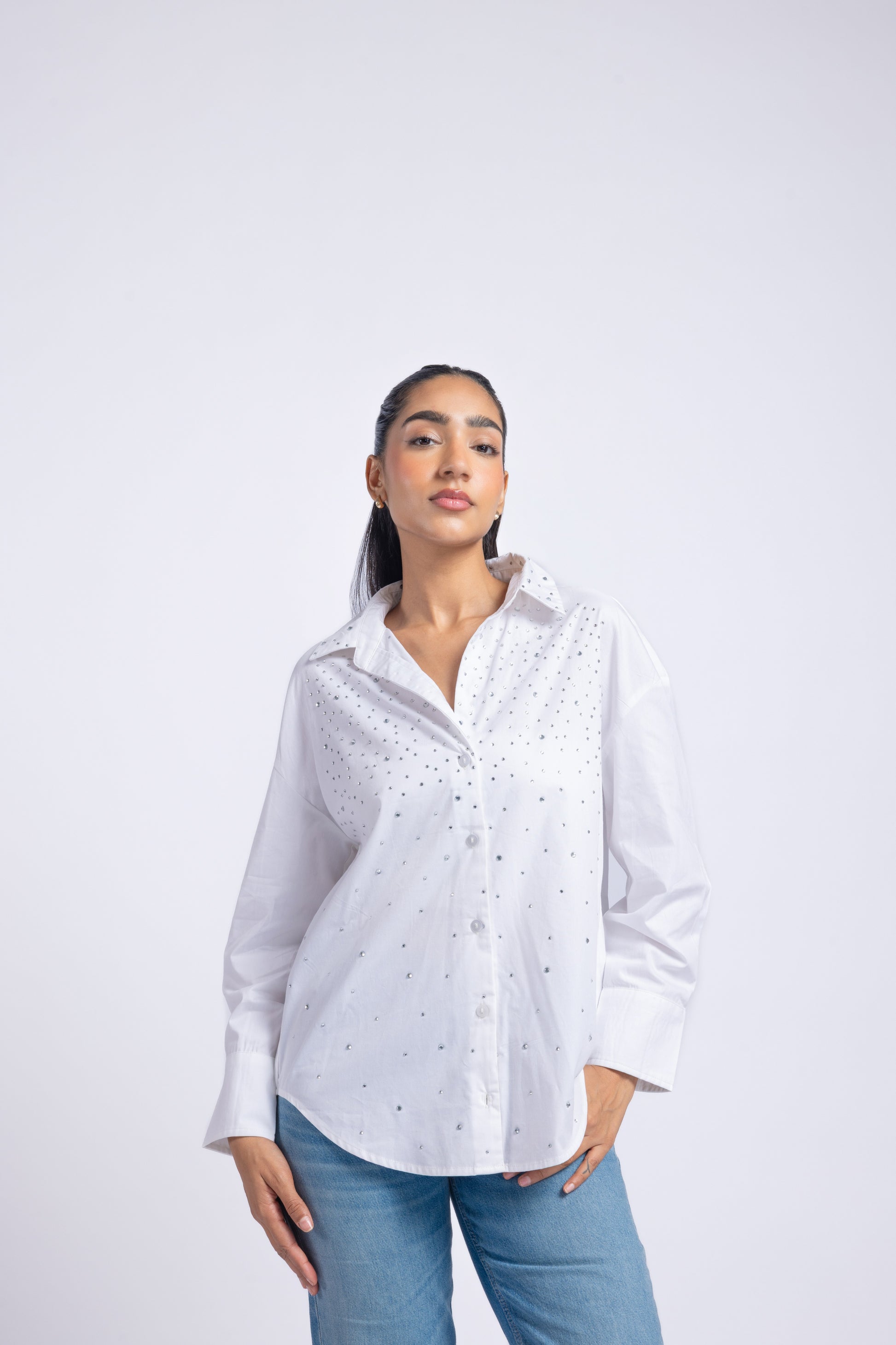 White cotton shirt with Swarovski work women front view long sleeve collared shirt