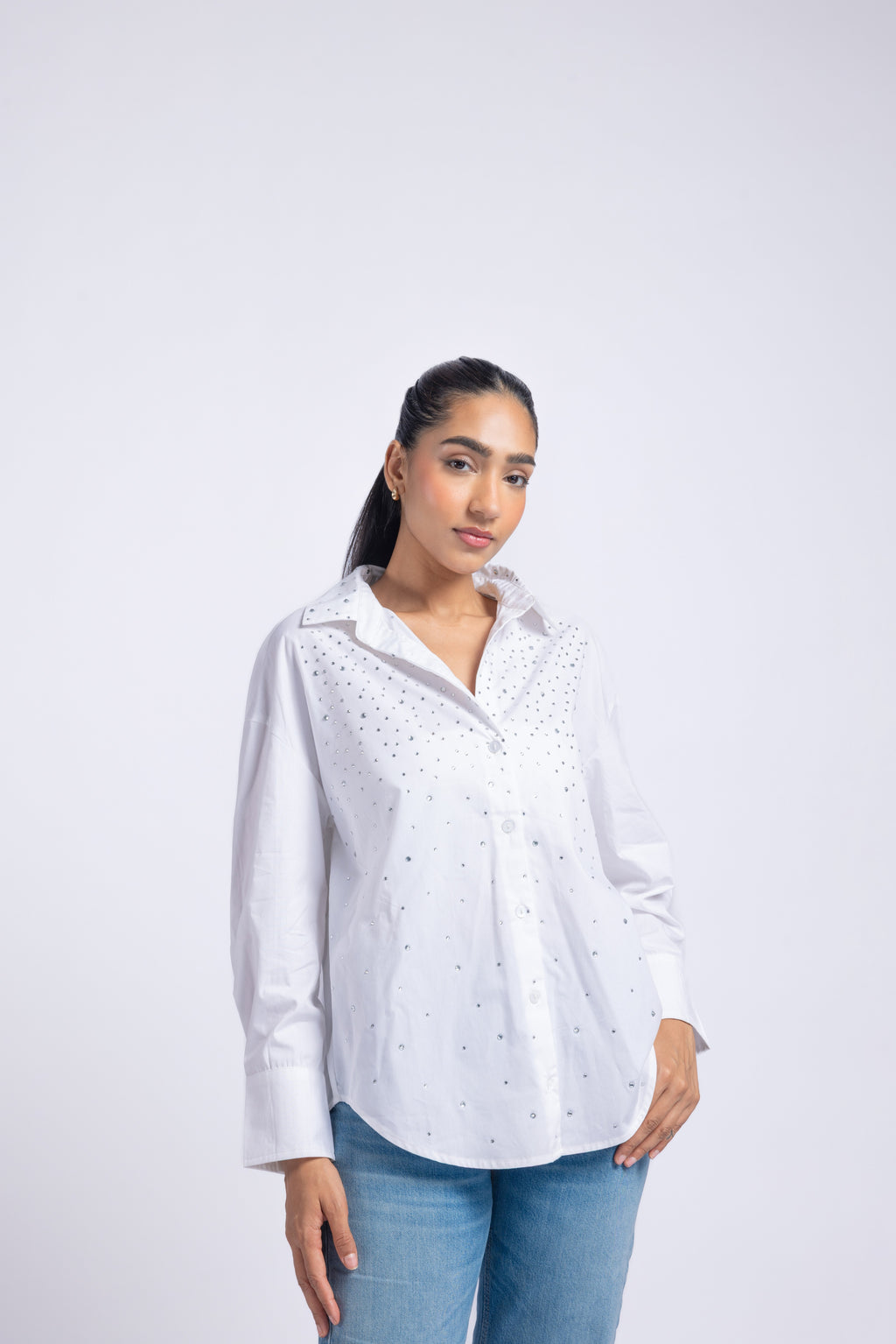Women white embellished cotton shirt with Swarovski detailing front angle