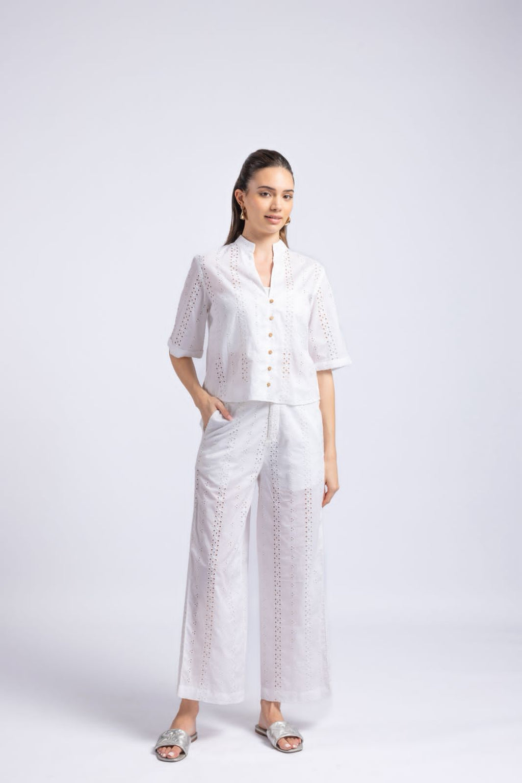 White cotton schiffli co-ord set for women front view collared top and pants