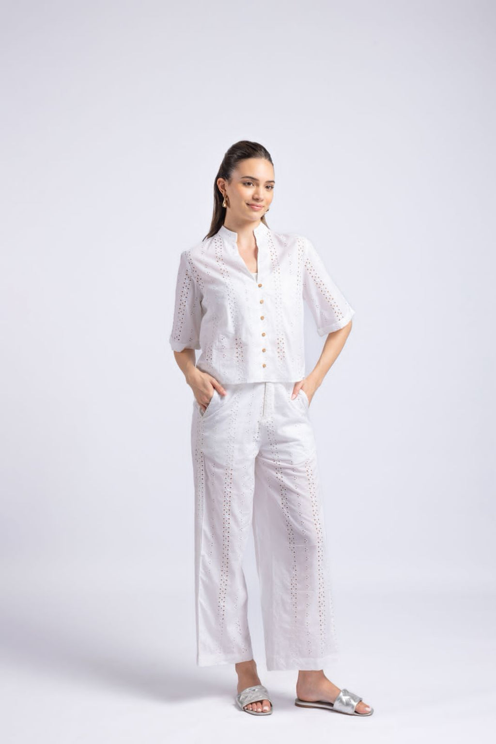 Women white embroidered co-ord set front angle cotton schiffli top and pants