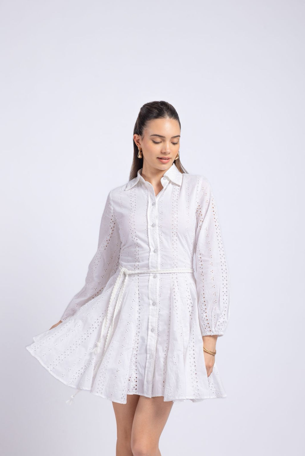 White cotton schiffli embroidered short dress for women front view with tie up belt and collared neckline