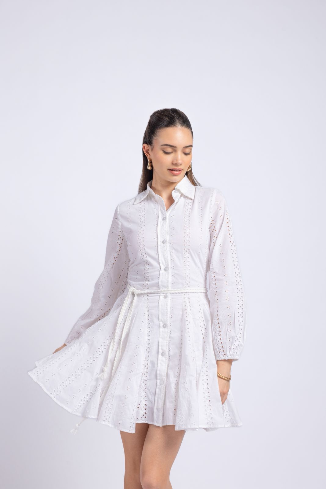 White cotton schiffli embroidered short dress for women front view with tie up belt and collared neckline